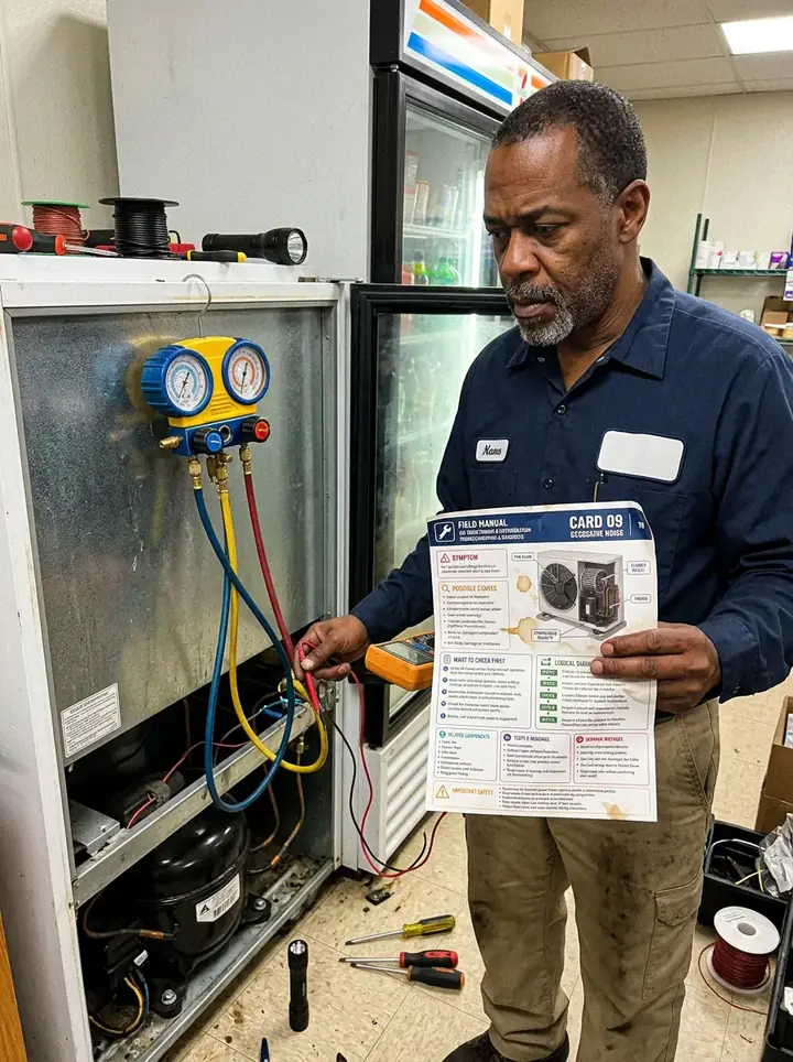 U.S. refrigeration technician using a printed troubleshooting card at a commercial cooler
