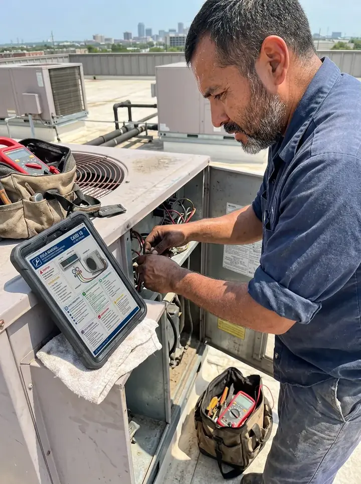 U.S. HVAC technician using the troubleshooting cards on a rooftop service call