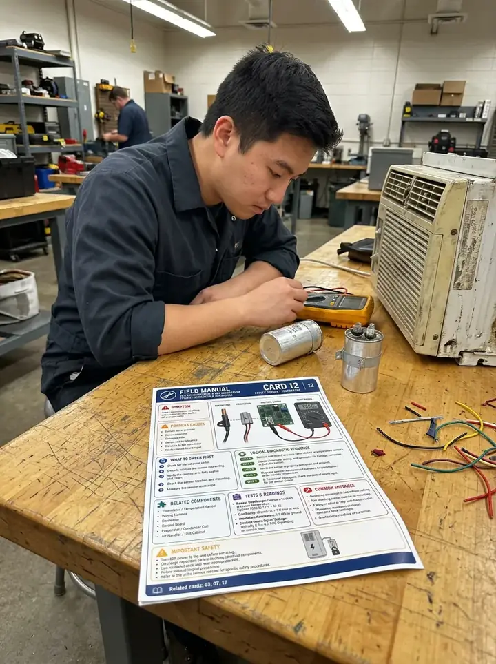 HVAC apprentice studying a printed English troubleshooting card in an American workshop