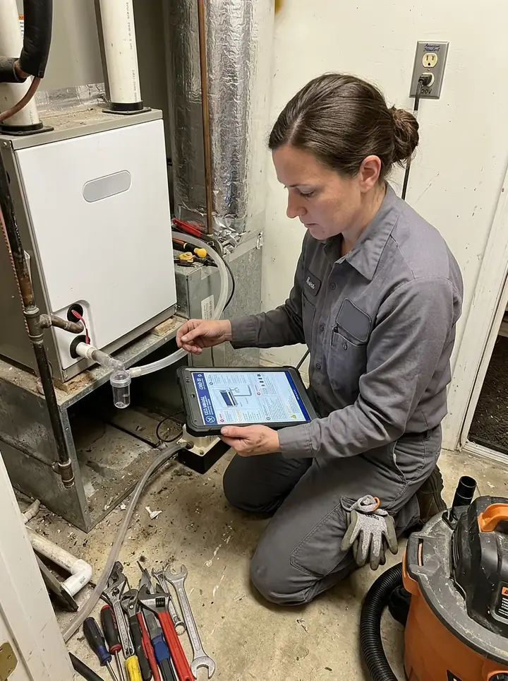 U.S. HVAC technician checking an English troubleshooting card on a tablet beside an air handler