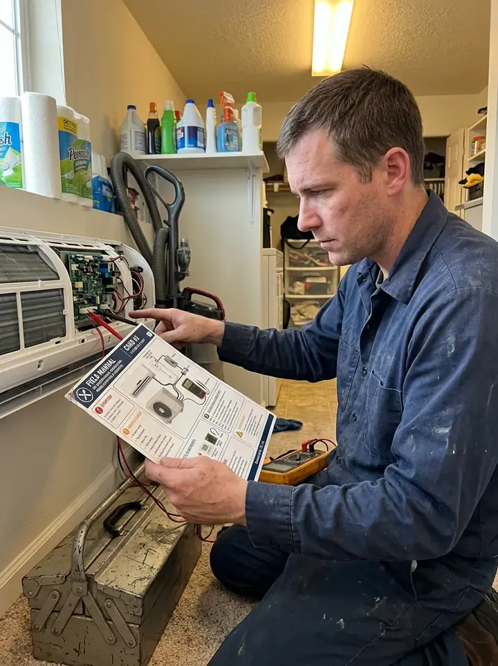 U.S. HVAC technician consulting a printed troubleshooting card during an A/C service call