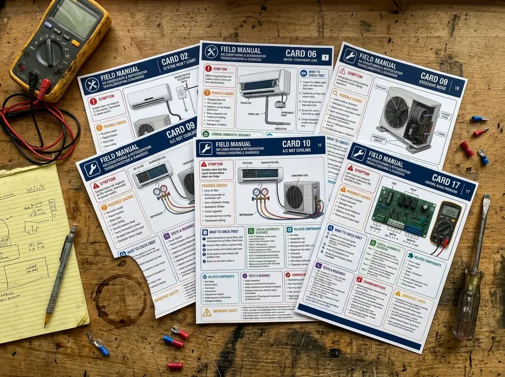 English A/C and refrigeration troubleshooting cards printed on US Letter paper on a technician's workbench